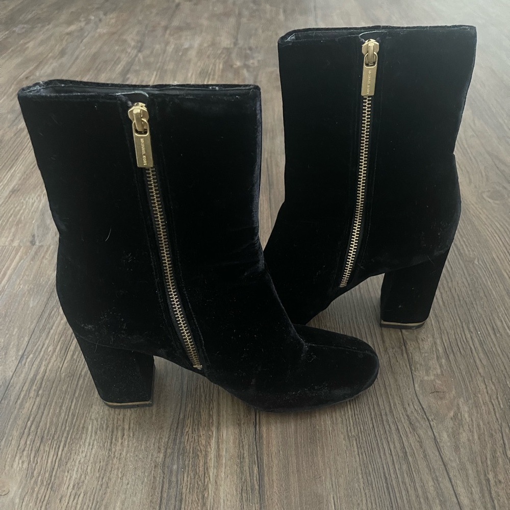 Michael Kors Velvet black ankle boots with gold hardware women’s US size 8.5